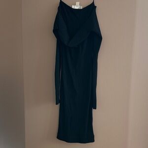 Michael Kors Black Ribbed Off-Shoulder Long Sleeve Knit Dress